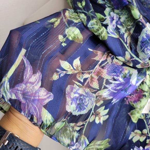Floral Navy, Green, Purple Semi-Sheer Long Scarf in Silky Fabric - Picture 4 of 6